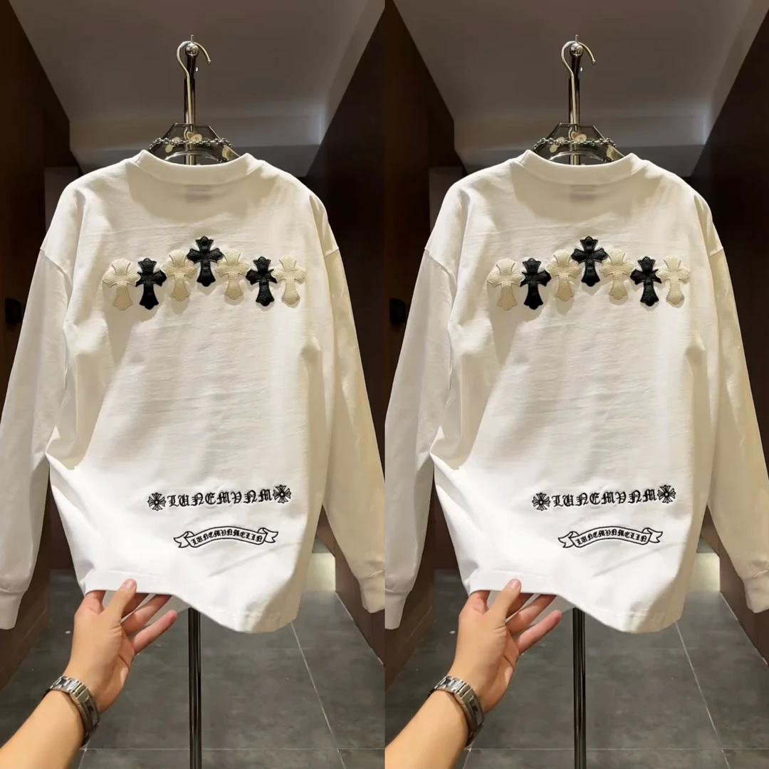 白色秋季重磅十字梵文贴皮卫衣男宽松百搭上衣时尚潮流长袖打底衫
