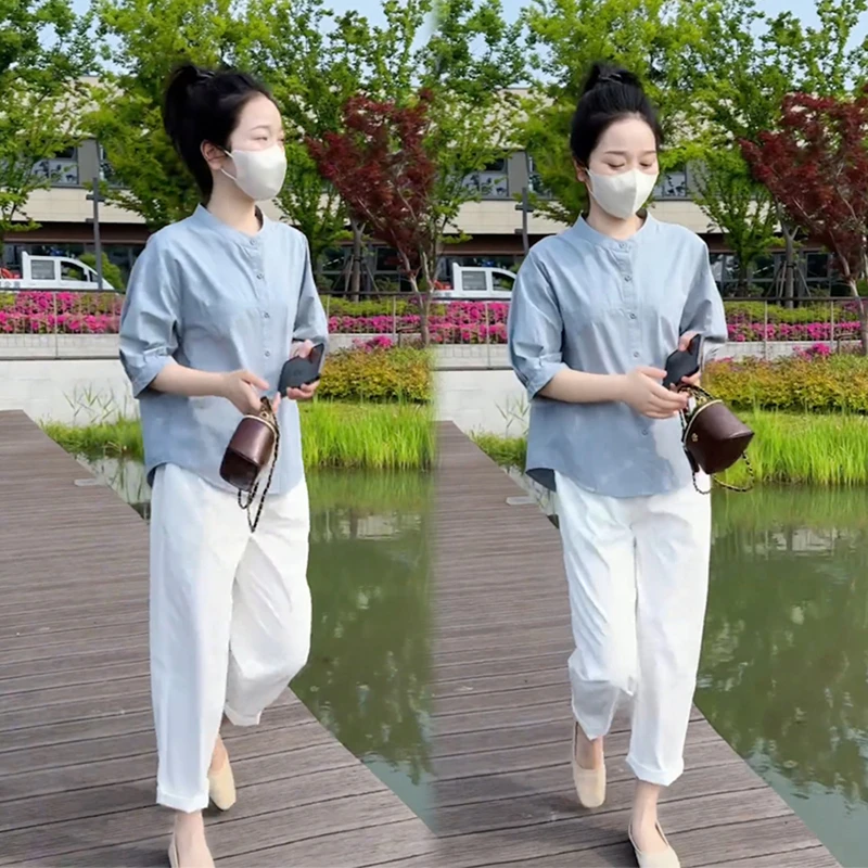 小众夏季欧货洋气职业小个子150-155衬衫阔腿裤两件套装女