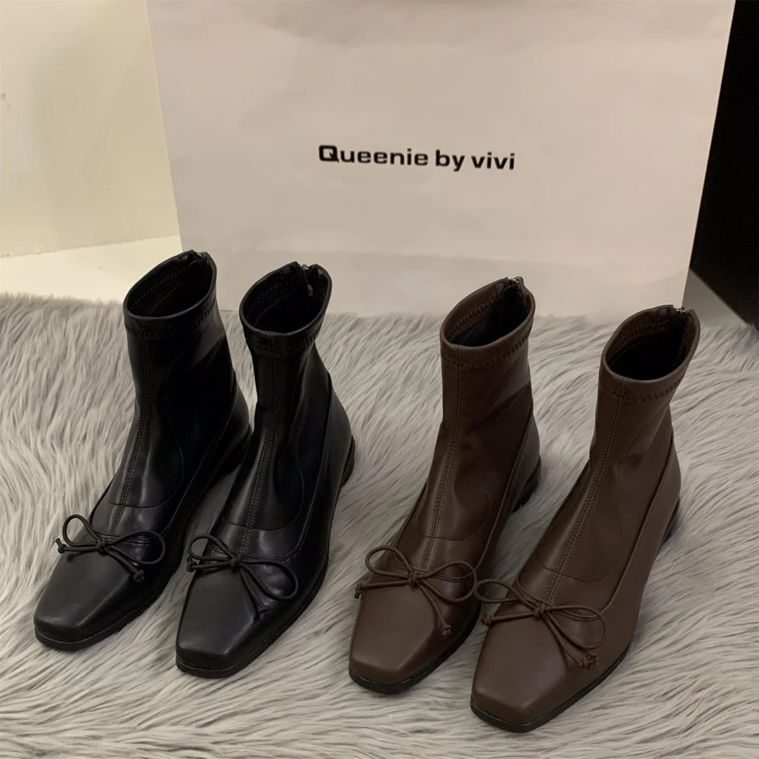 【官网小C&K旗舰店】粗跟方头黑色马丁靴女鞋2025新款秋冬季加绒