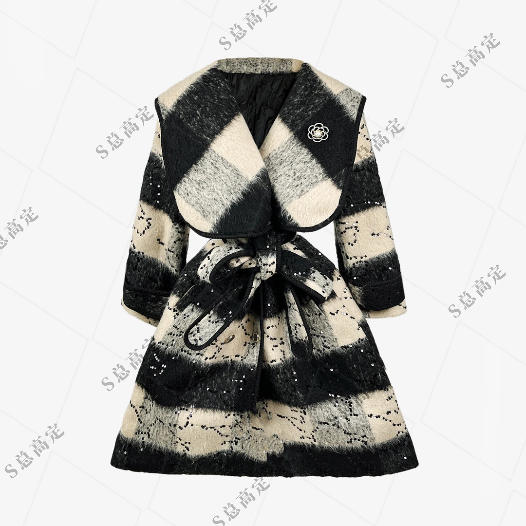 【夏夏专属】冬季新款经典黑白格配气质百搭束腰羽绒外套女D0298