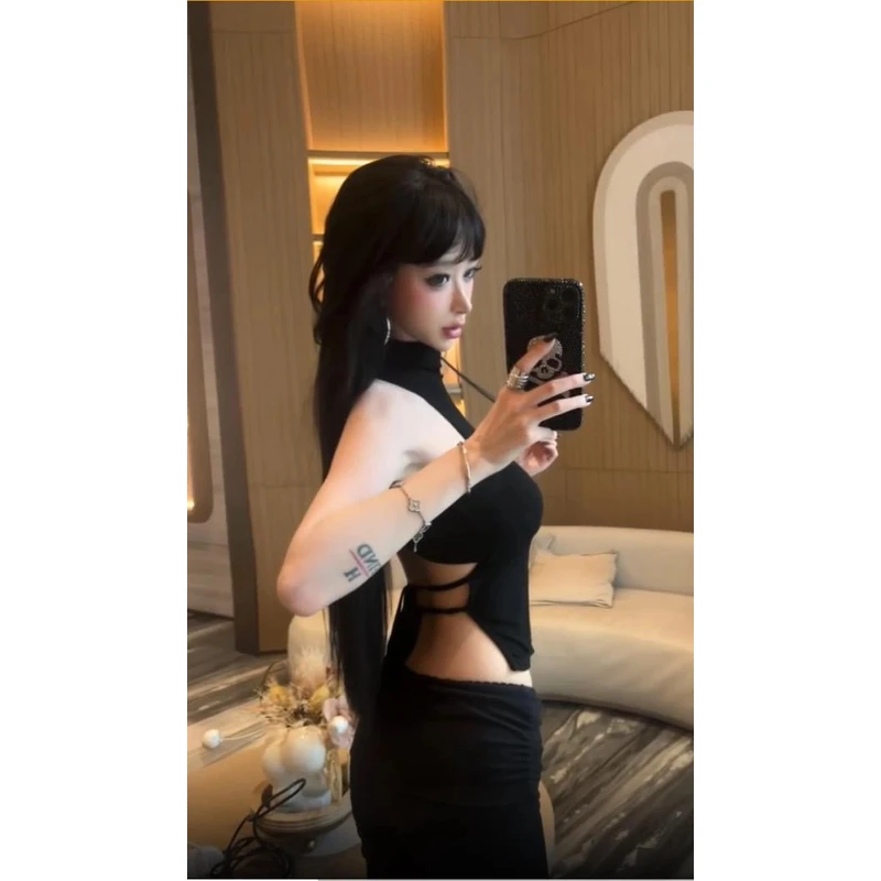 2025夏季新款纯欲风性感露背高领挂脖背心吊带配修身显瘦长裤套装