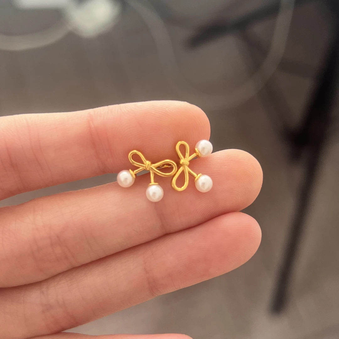蝴蝶结珠珠耳钉弯钩足金999 时尚经典百搭气质爆款耳钉