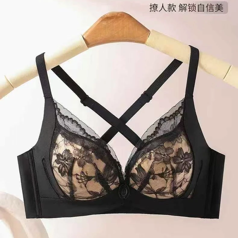法式性感蕾丝内衣女中厚聚拢前扣美背上托收副乳无钢圈文胸罩