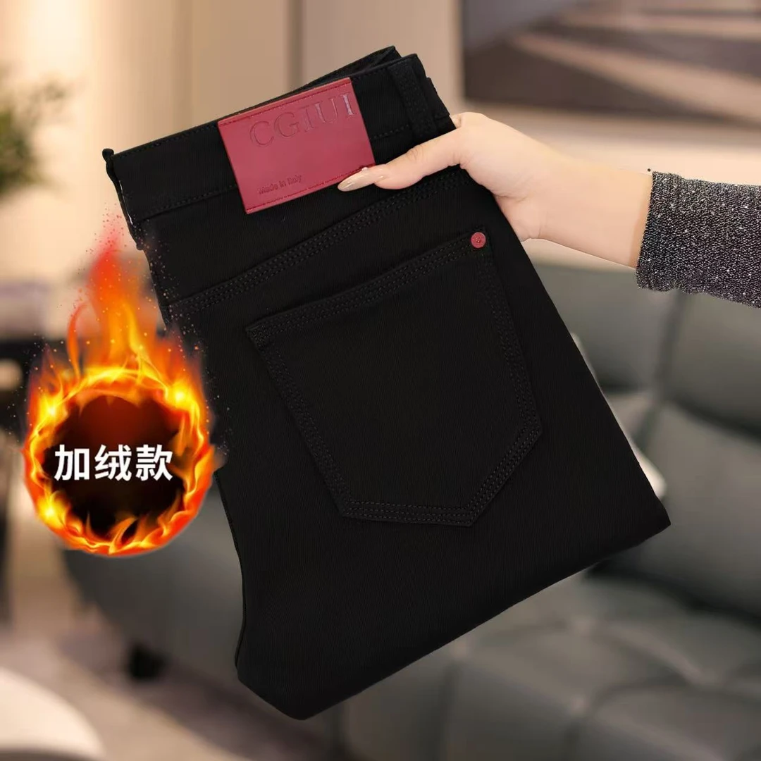 2025新款加绒加厚纯黑男士软牛仔裤弹力修身直筒版型港风美式牛仔