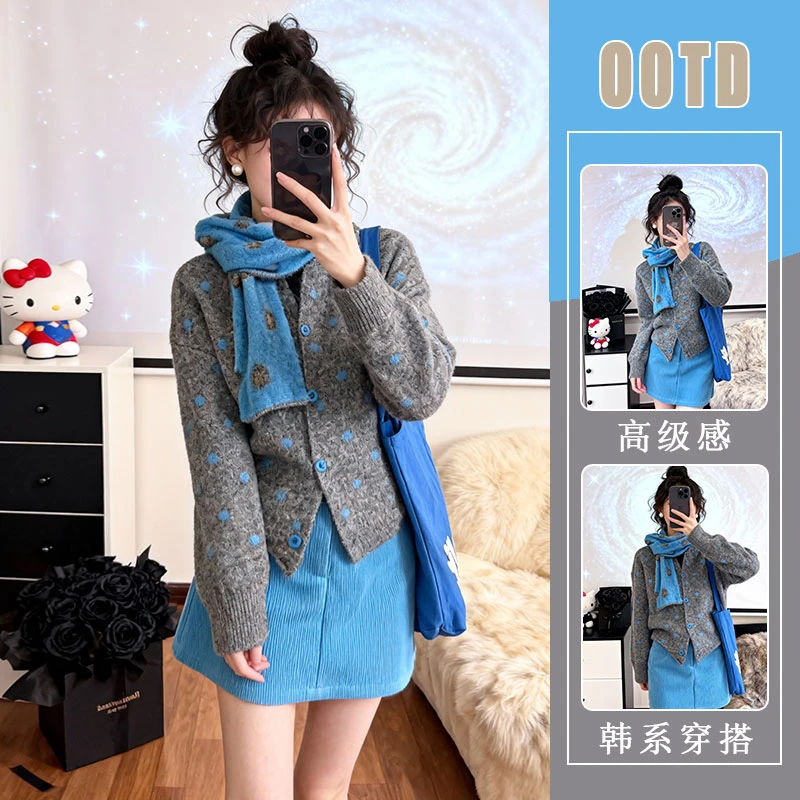 2026超火冬装一整套女款miu系波点针织开衫围巾高腰a字短裙三件套