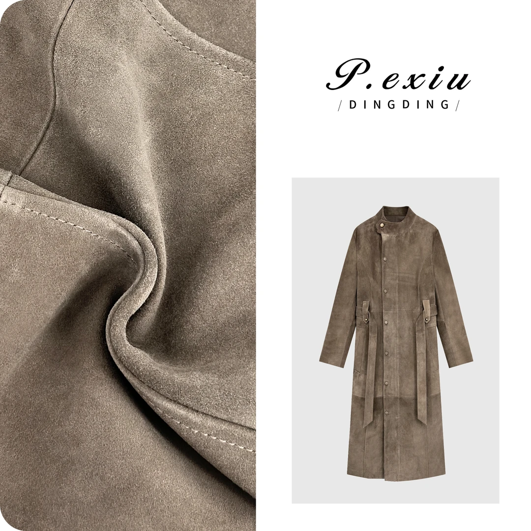 【北欧秋日】绵羊皮反绒立领系带长款皮衣外套OC25607