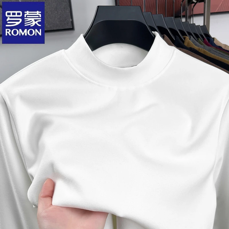 罗蒙2025年秋冬季修身打底衫男士半高领纯色休闲套头双面德绒卫衣