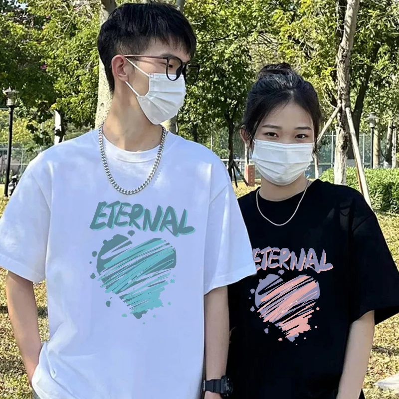 两件装 ETERNAL蓝色爱心 印花情侣装百搭短袖宽松ins纯棉T恤圆领