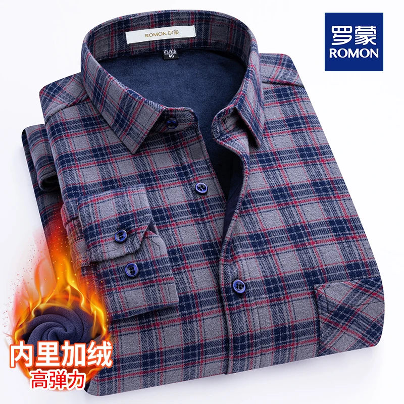 罗蒙冬季爆款100%纯棉轻奢男士格子保暖衬衫中年加绒加厚衬衣男装