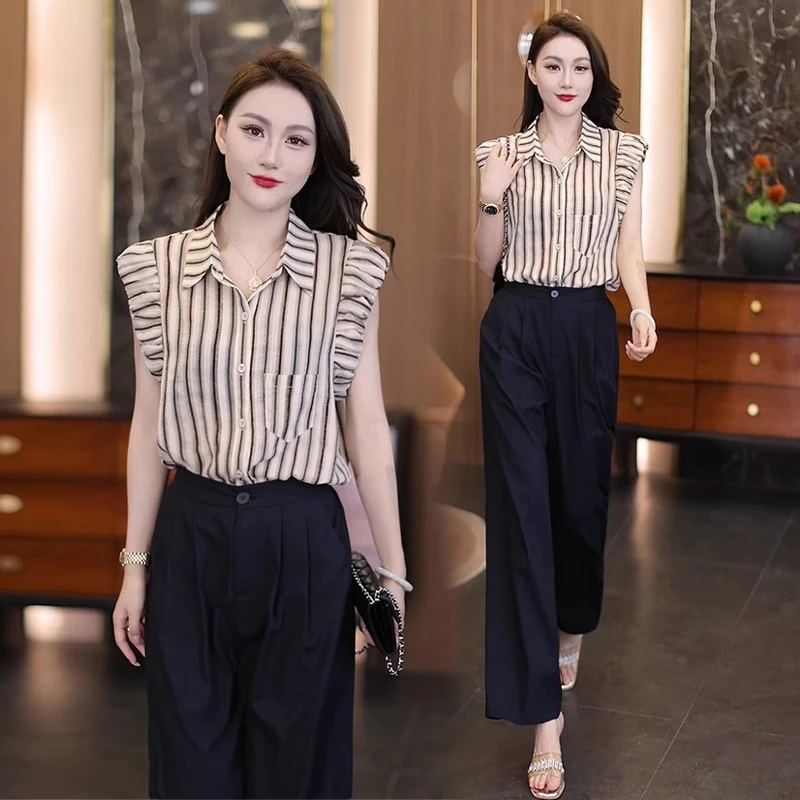2025新款大方得体穿搭一整套气质减龄花苞袖条纹衬衫阔腿裤两件套