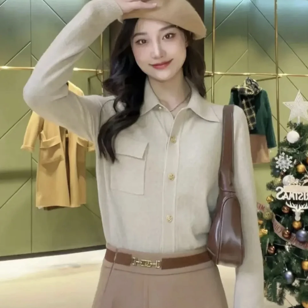 羊绒百搭长袖翻领星光扣设计老钱风针织开衫1499186