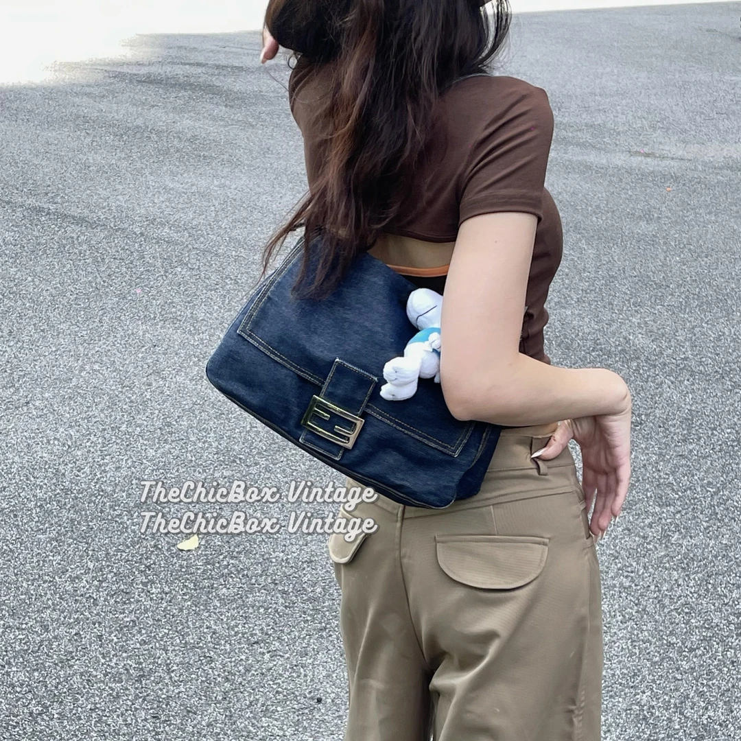 95新 FENDI/芬迪 只盒/中古稀有款牛仔银扣大法棍