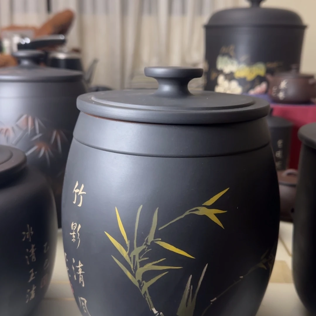 琉璃手工艺品建水紫陶彩填小茶罐