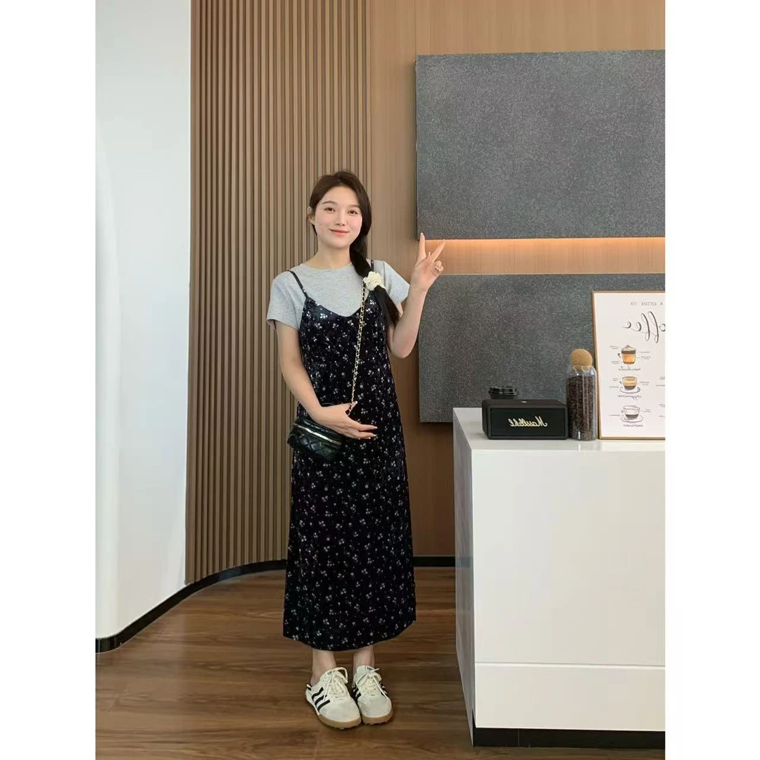 小羽酱小个子定制春秋法式气质V领碎花丝绒裙显瘦遮肉长款连衣裙