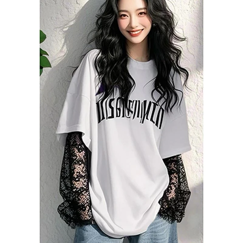 2025春夏新款爆款超好看漂亮上衣白色蕾丝拼袖假两件长袖t恤女士