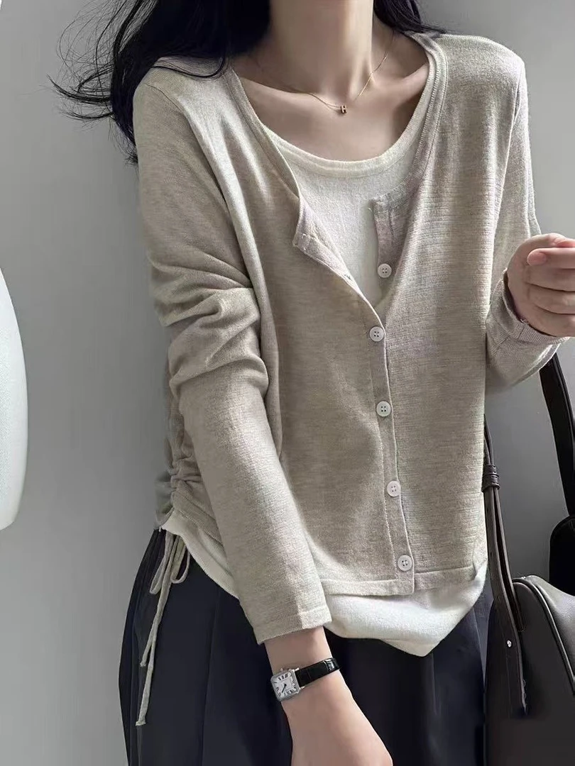 迪士意 假两件长袖T恤女 秋季新款设计感小众打底衫内搭上衣