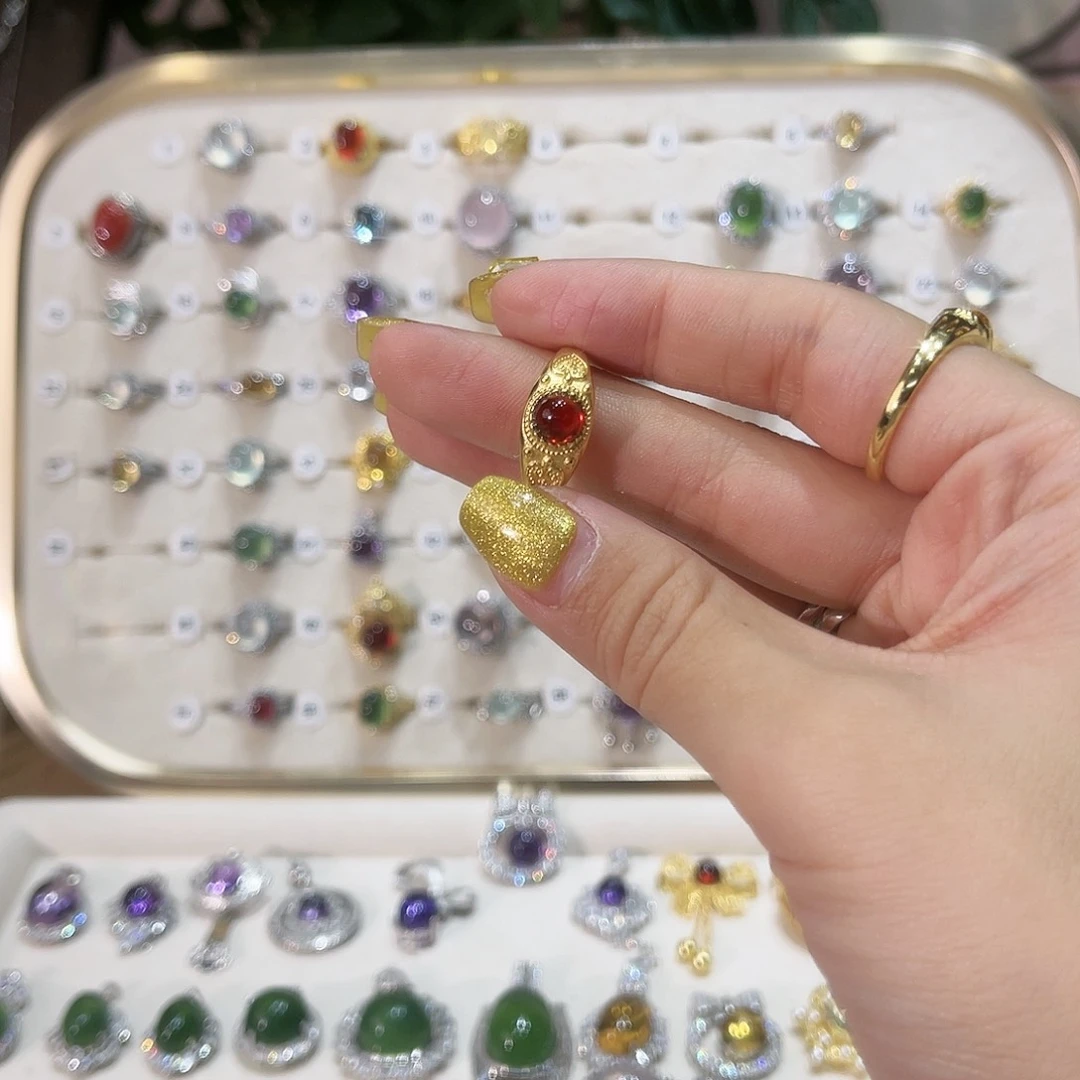 蛇纹石玉戒指银S925镶嵌爱*