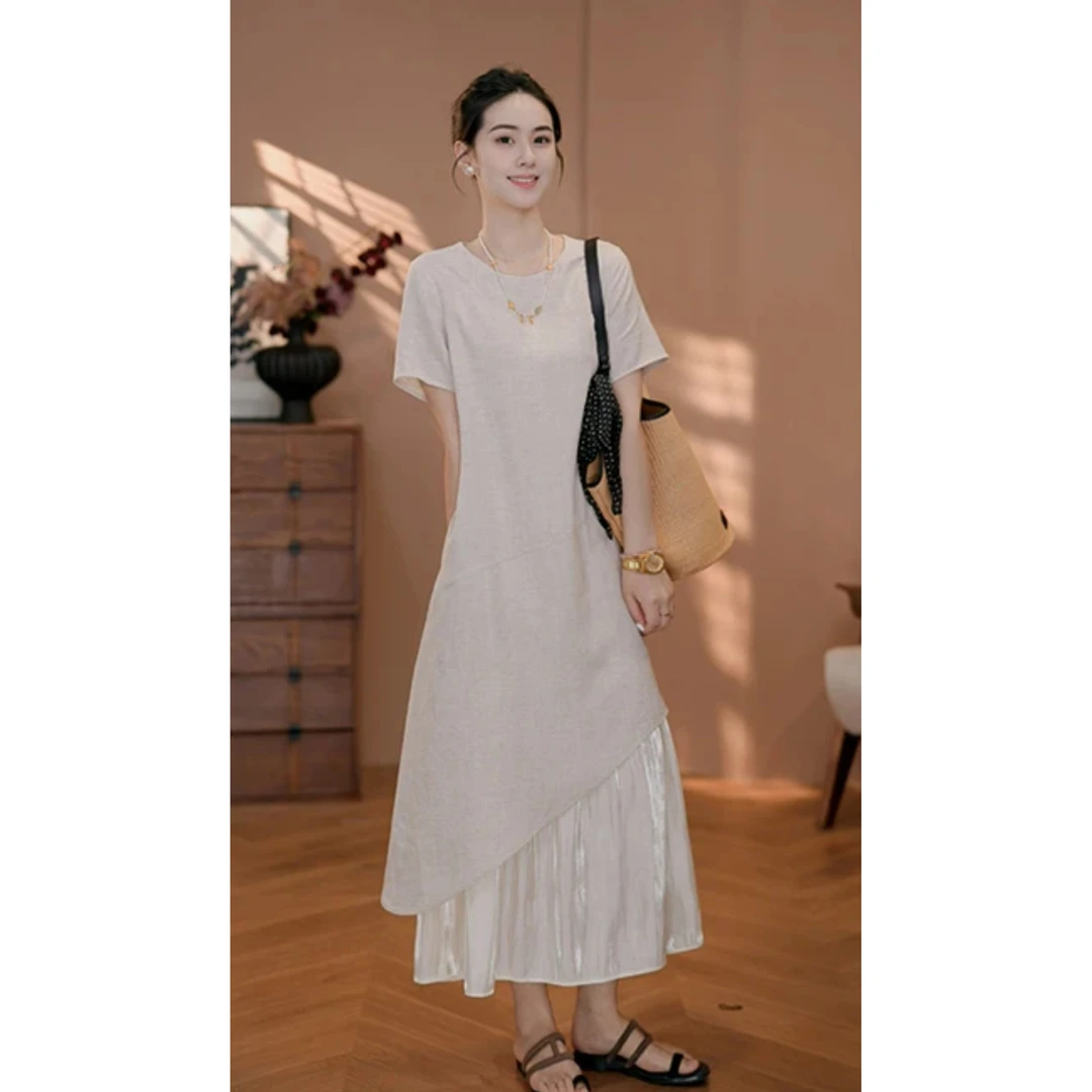 2025夏季新款亚麻拼接设计感显瘦气质连衣裙