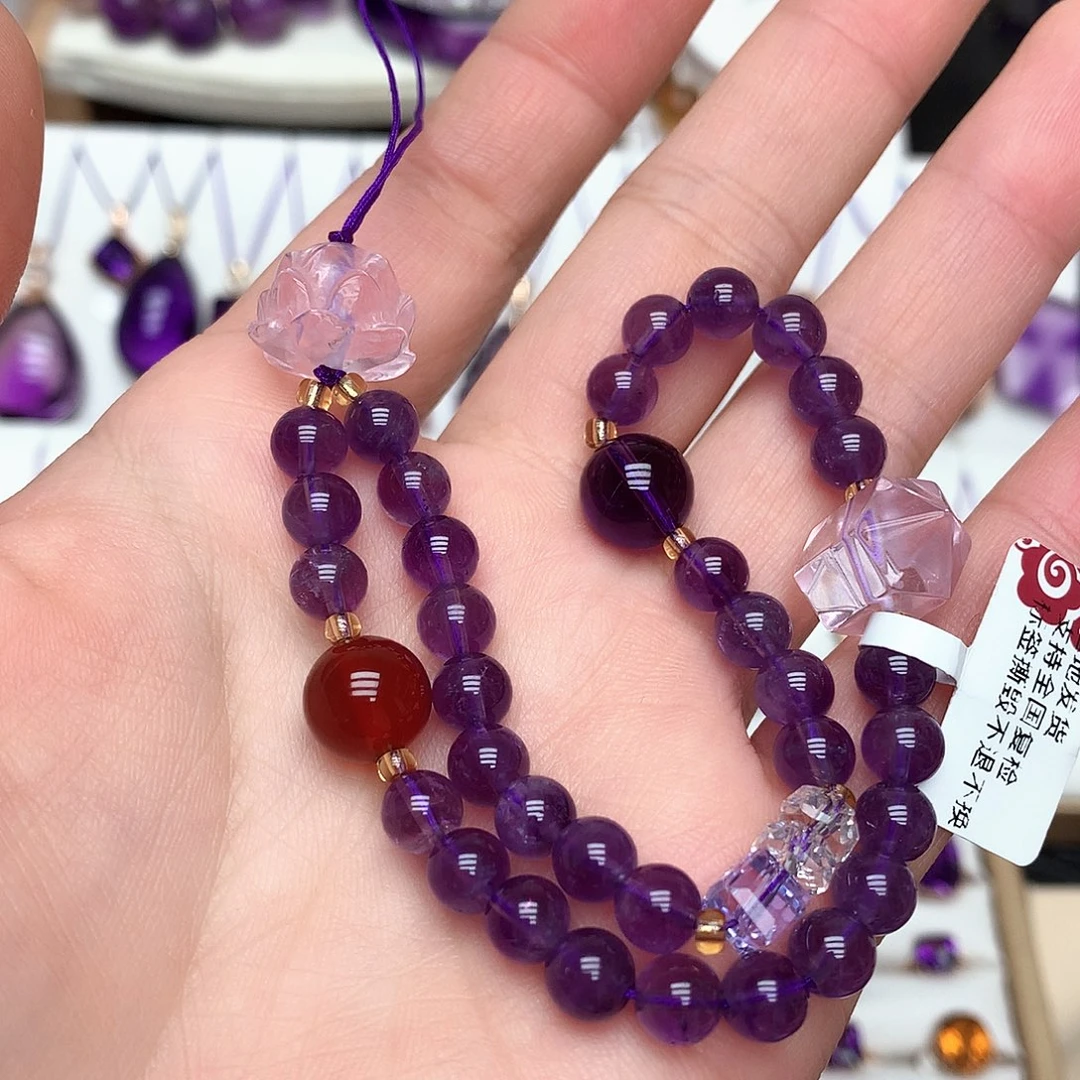 未镶嵌珠宝半成品紫晶L粉莲花手机挂件