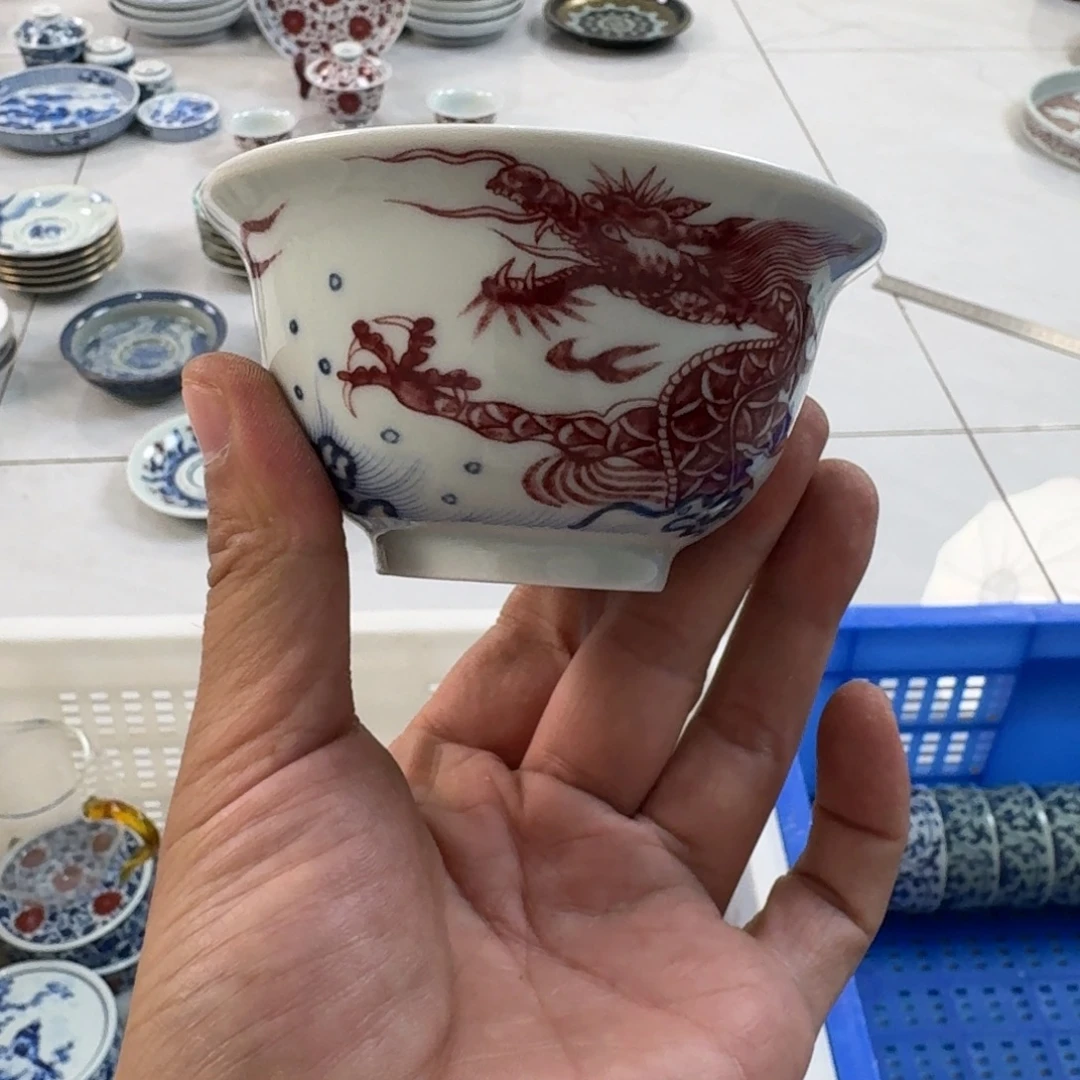 陶摆件釉里红鱼化龙大压手