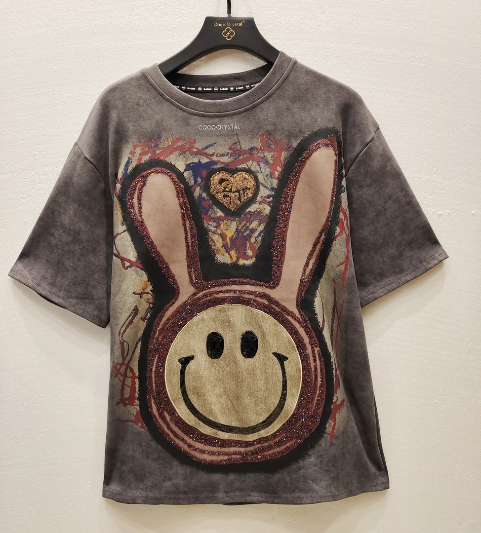 笑脸兔子图案潮牌T恤