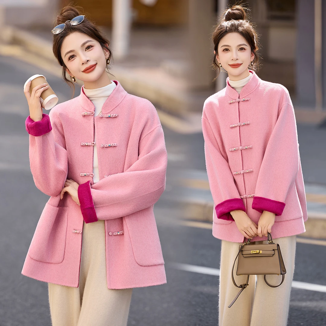呢子大衣新中式盘扣高级感中长款立领双面呢外套女款爆款2026新款