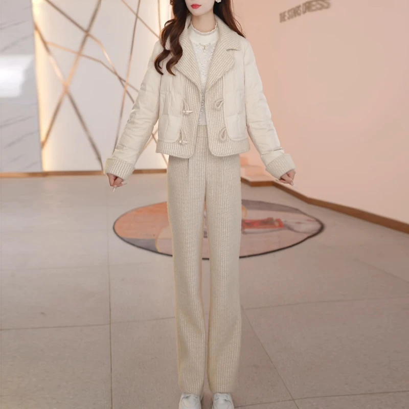 气质韩版文艺复古牛角扣轻薄羽绒套装2025秋冬季新款女士纯色套裤