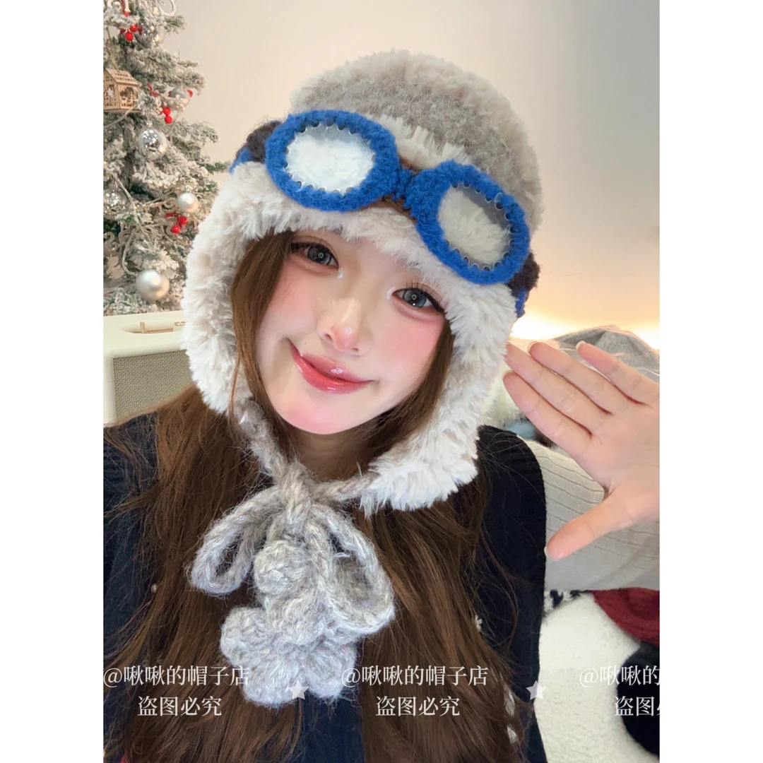 小飞行家 |纯手工韩系眼镜毛绒针织护耳帽女冬季可爱飞行帽毛线帽