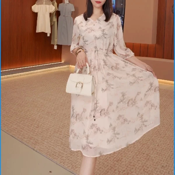 运费补贴（黛影云裳）2025年蚕丝扎染印花高腰显高显瘦气质连衣裙