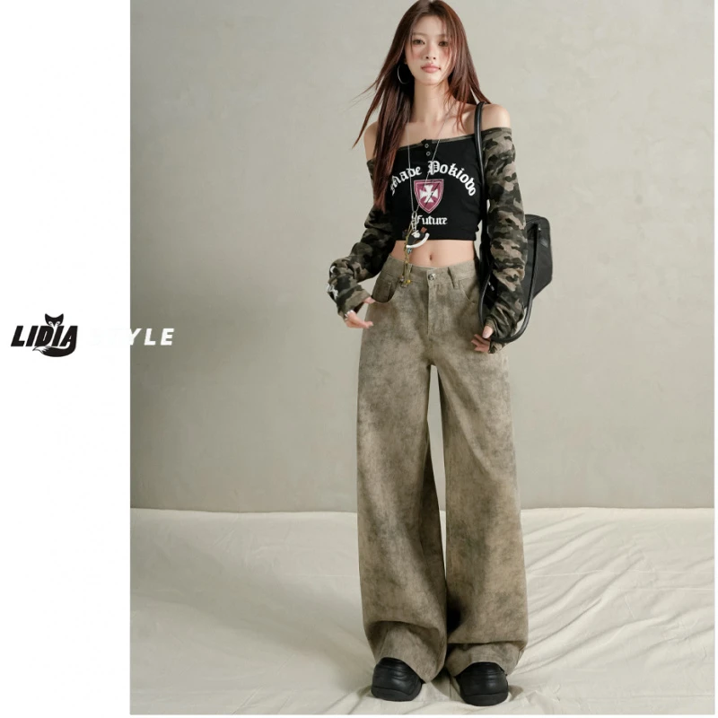 美式扎染印花阔腿牛仔裤女士新款裤子2025秋季复古宽松显瘦直筒裤