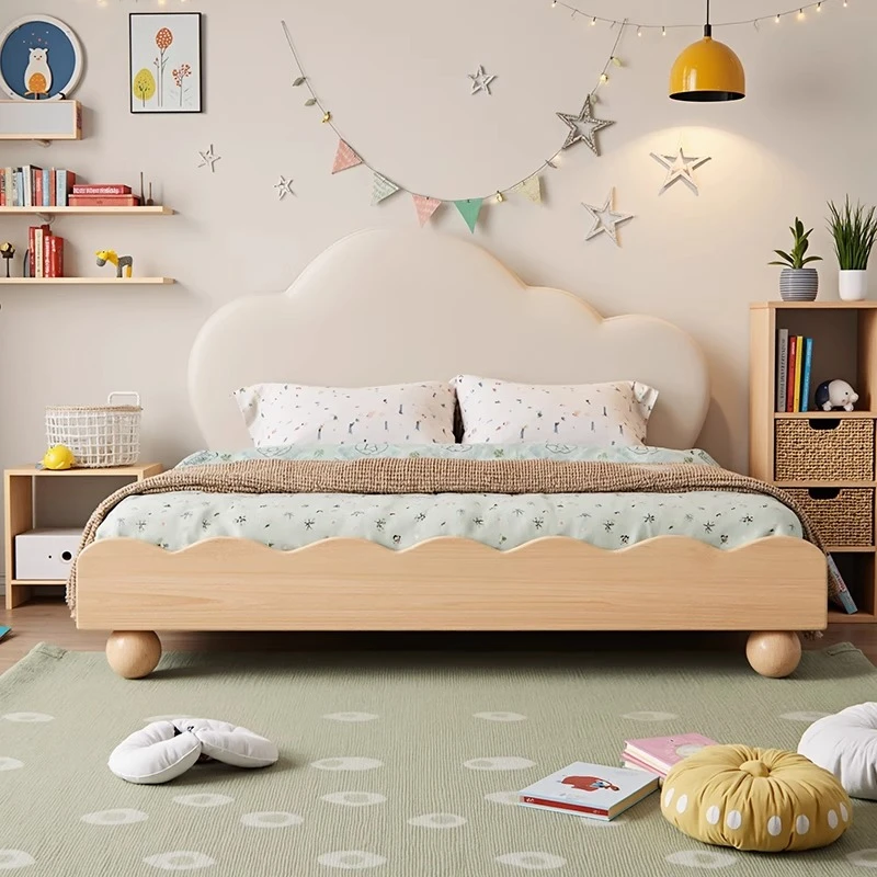 云朵实木儿童床女孩简约现代女童公主床1.5M奶油风网红女孩圆脚床