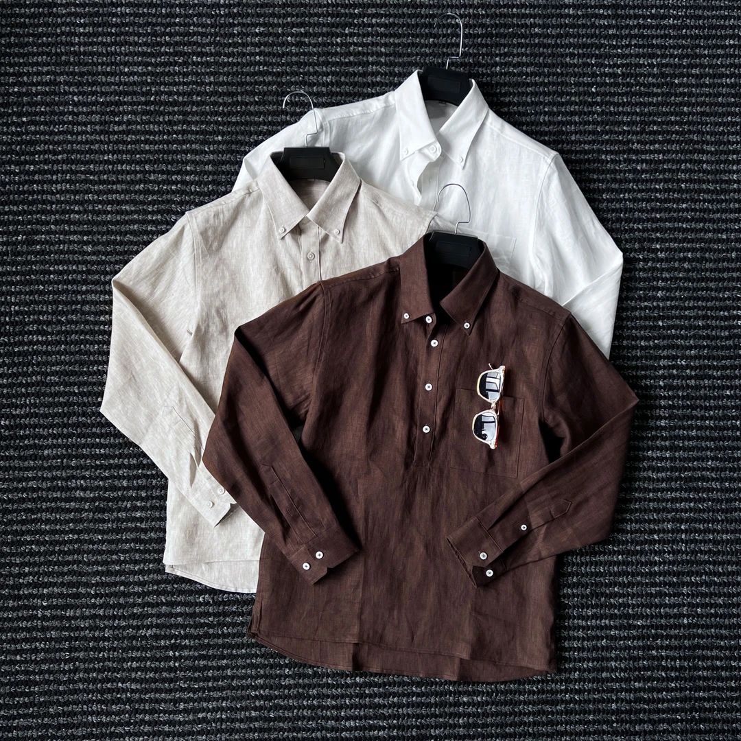 CssuGent那不勒斯皇后高端尖扣领半门筒100%亚麻衬衫男绅士优雅潮