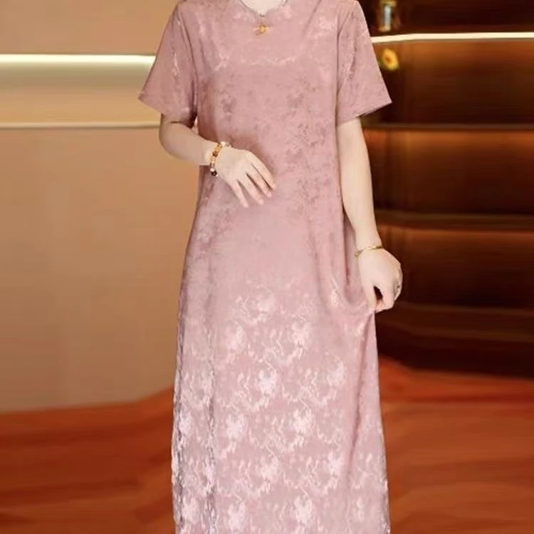 26-2幽紫晕染中长连衣裙长裙印花单排扣连袖扎染吸汗圆领