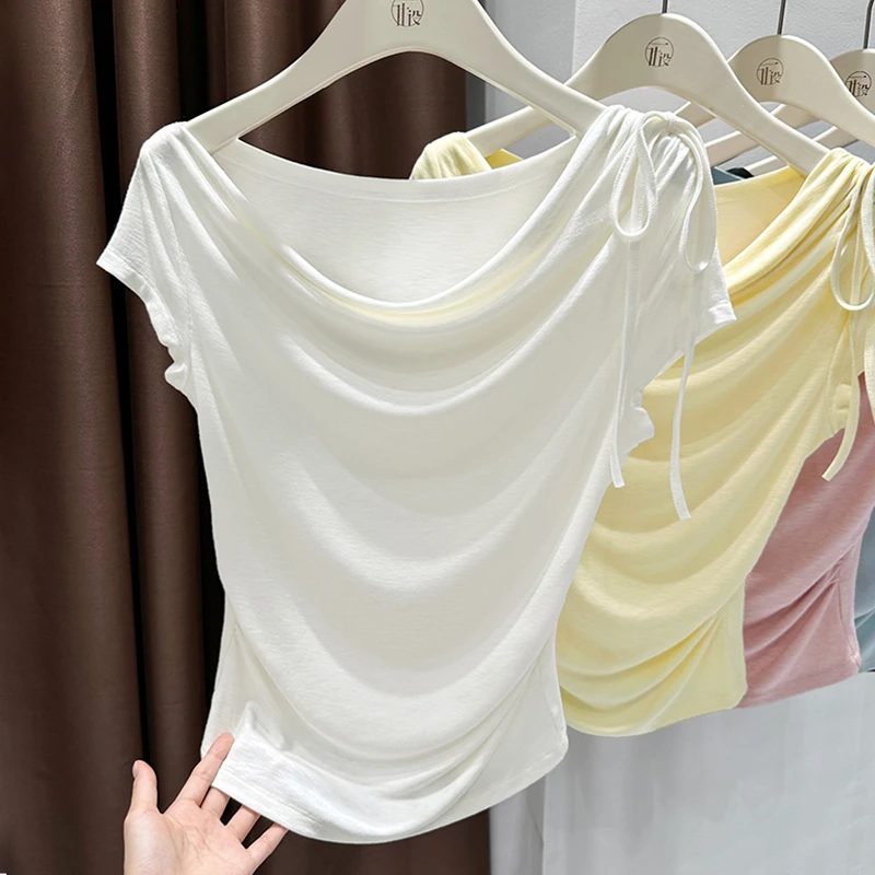 超薄一字肩短袖t恤女款抽褶设计冰丝小上衣百搭系带荡领纯欲小衫