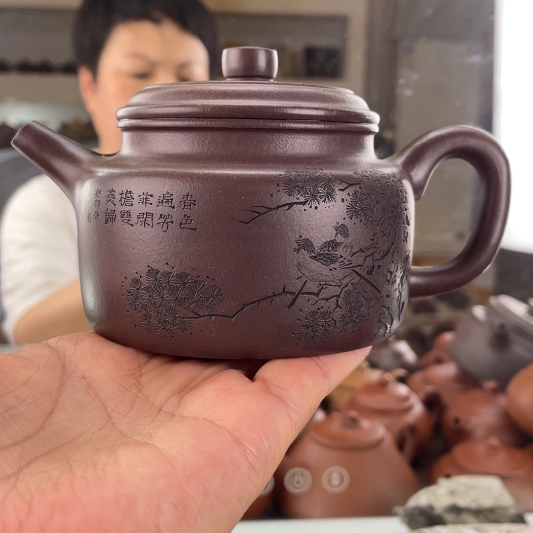 茶壶紫砂大水潭底槽清徳钟刻绘鸟280cc