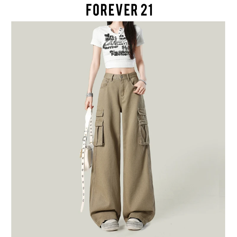 Forever 21复古美式咖色工装阔腿牛仔裤女设计感高腰宽松直筒长裤
