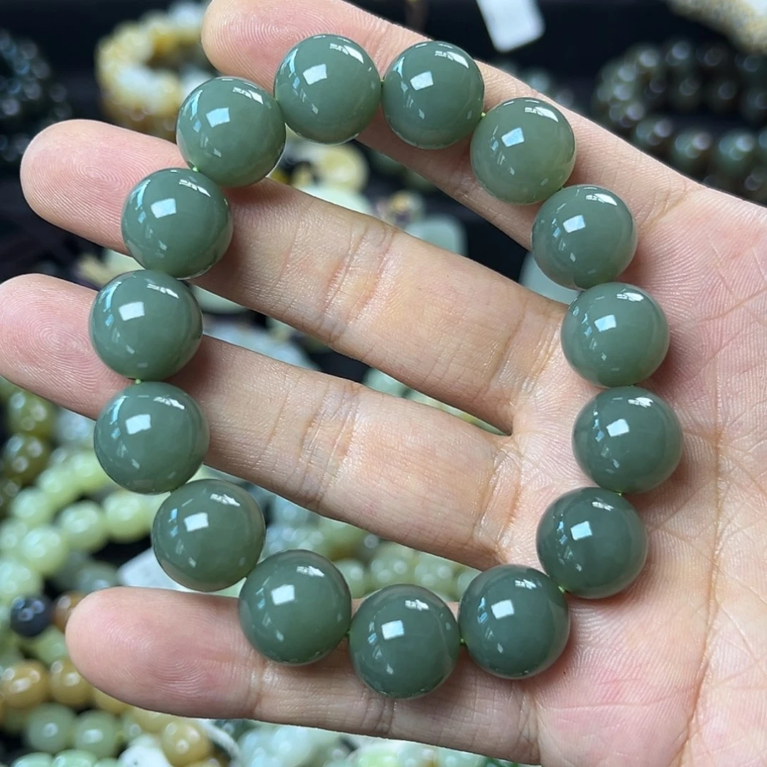 和田玉手链未镶嵌且末蓝卡14圆珠 油润