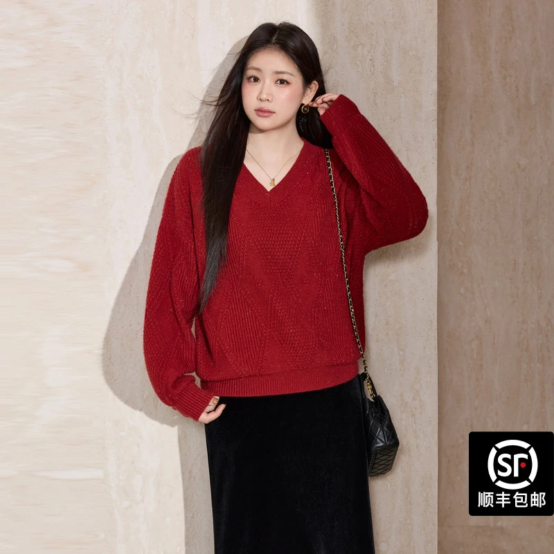 蓝语大码女装红色V领亮丝毛衣2025秋冬新品别致宽松显瘦针织上衣