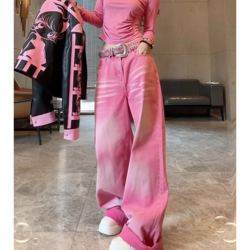 大码女装2025春季新款高腰显瘦牛仔裤梨型身材潮流时尚彩色阔腿裤