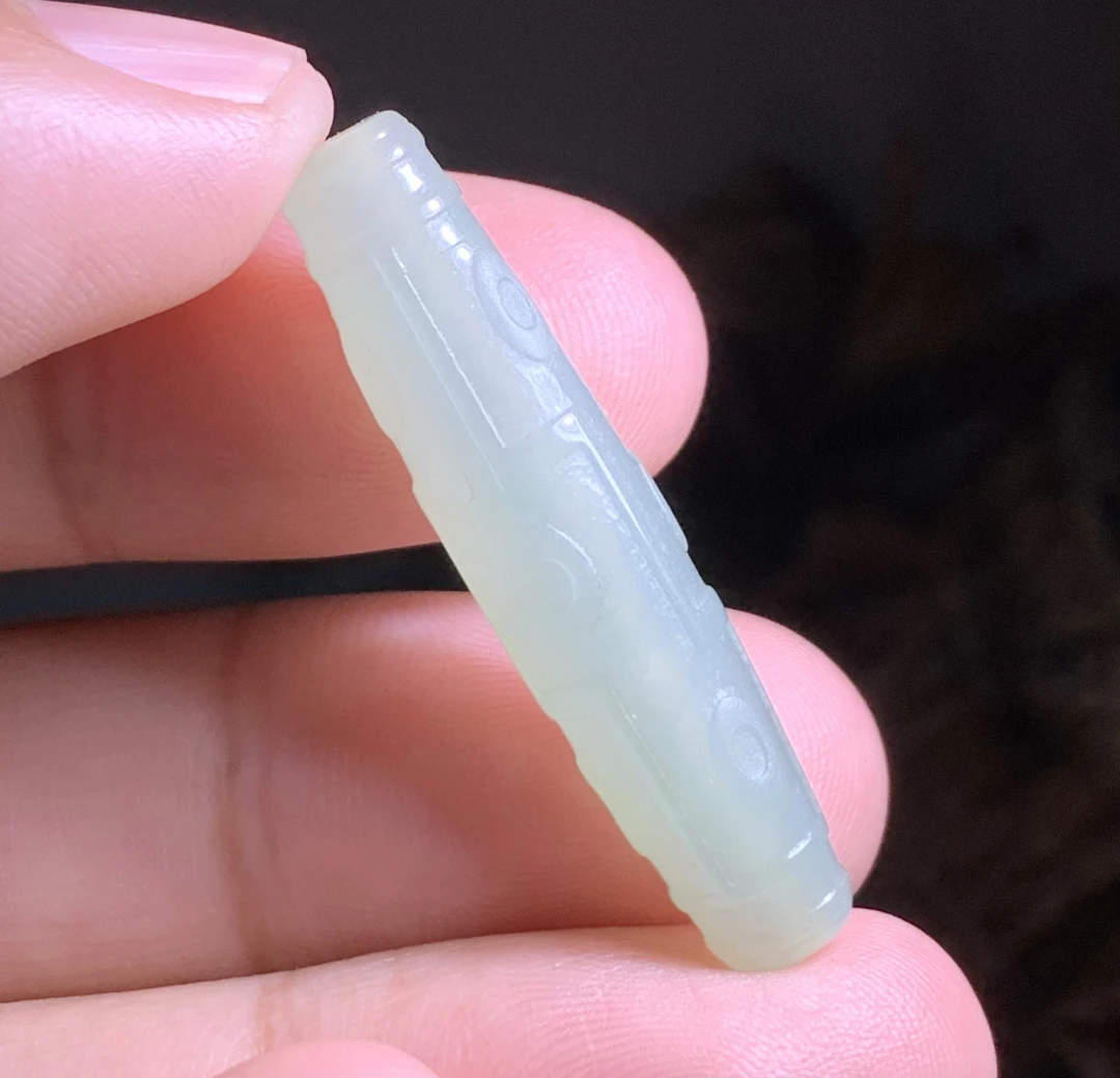 【冰种•桶珠】缅甸天然A货翡翠糯冰特色九眼回纹锁骨复古桶珠38.8/9