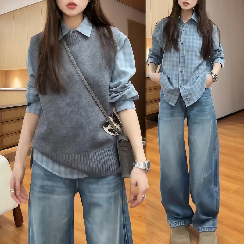 霖优【蒙特利尔】氛围感时尚套装女秋冬格纹衬衫配马甲牛仔裤三件套