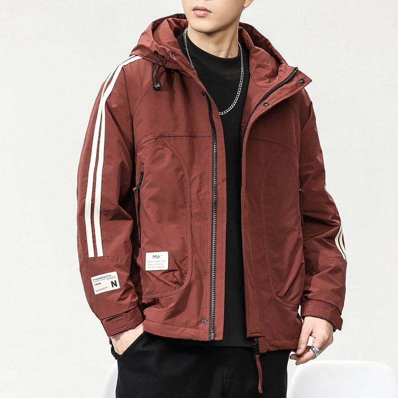 新款春秋季男士红色运动服拼接冲锋上衣连帽潮牌休闲工装夹克外套