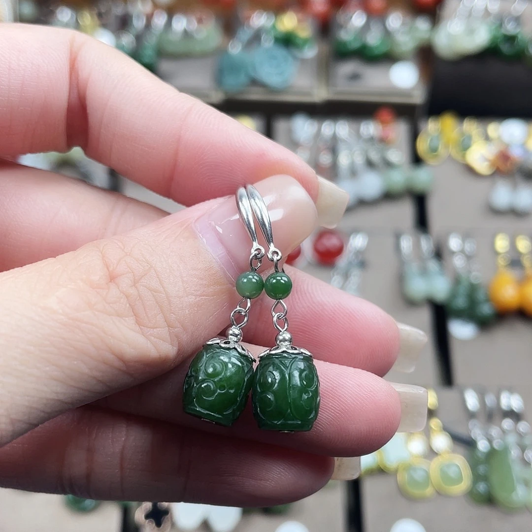 和田玉银S925镶嵌耳饰