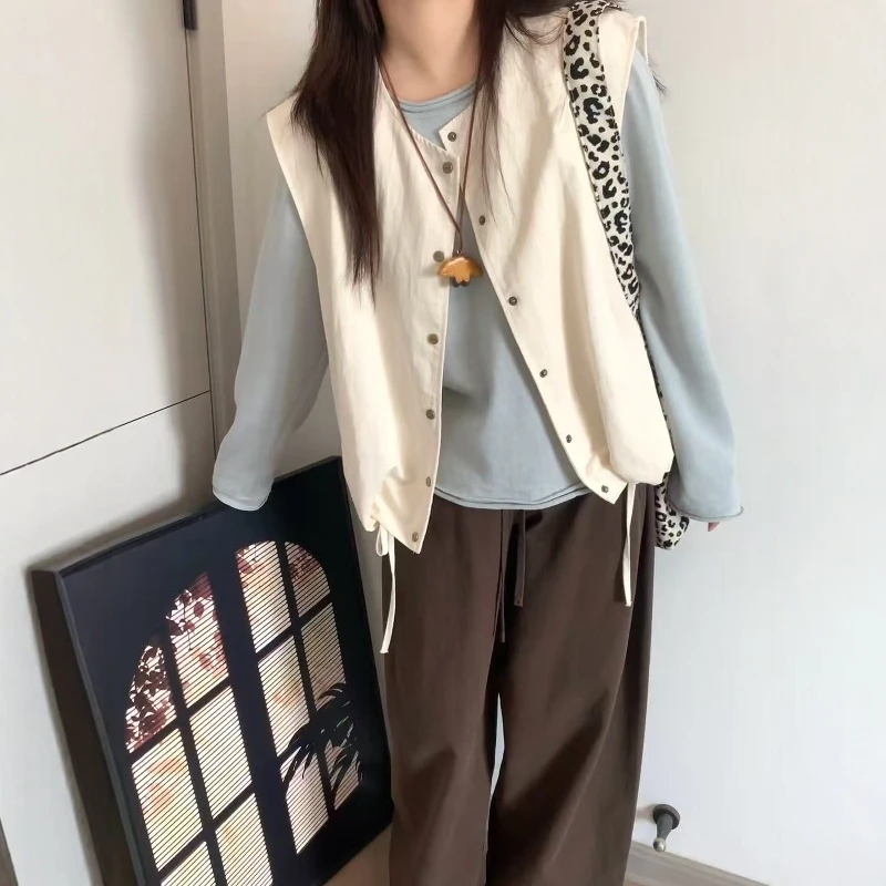 韩系休闲风户外穿搭一整套装女2025秋季新款宽松无袖坎肩马夹外套