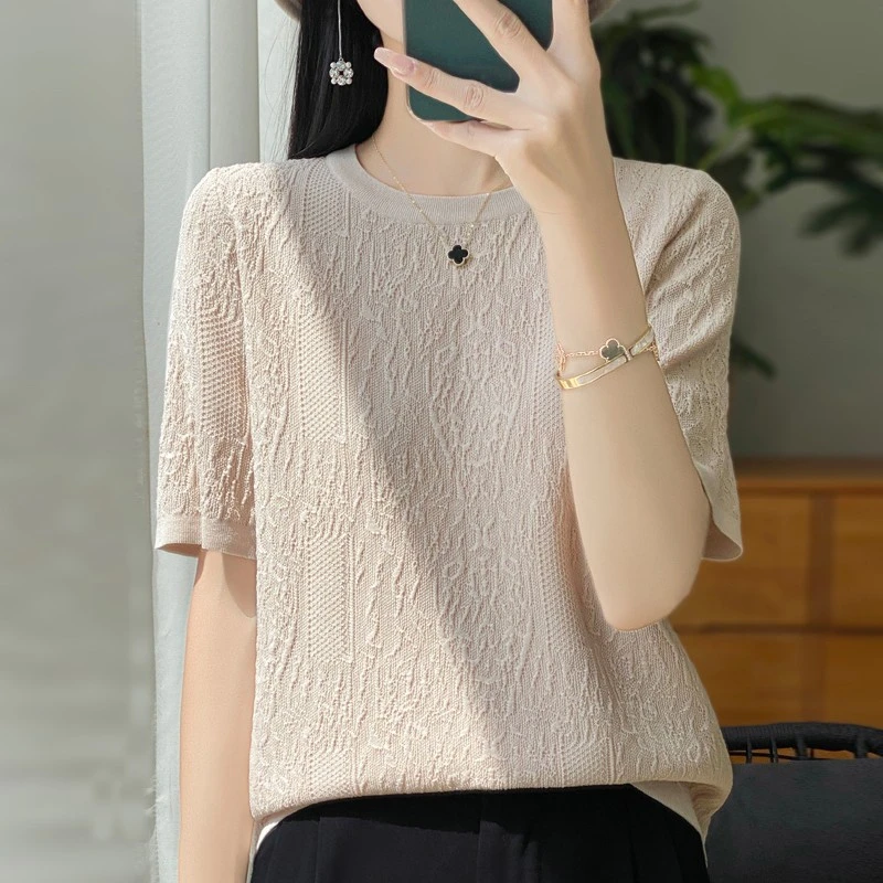 短袖t恤女2025新款大码女装夏季短款提花宽松薄款冰丝针织衫上衣