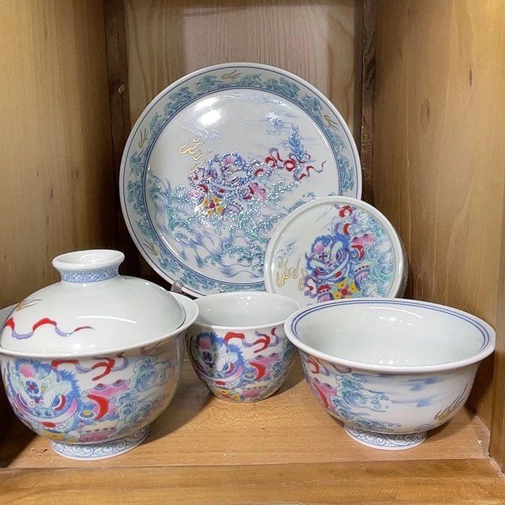 ****️斗彩小唐狮5件套茶具