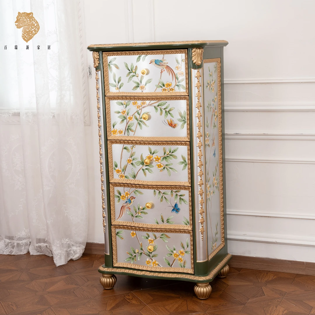 百瑞新法式实木雕花彩绘五斗柜家用卧室储物收纳柜-ZG-BRX1693