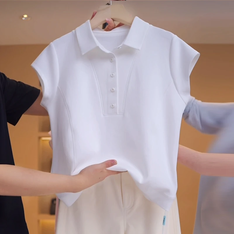 简约白色翻领t恤女2025夏季时尚减龄宽松显瘦正肩体恤polo衫上衣