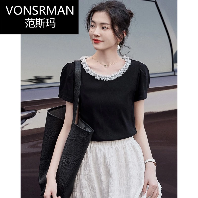 品牌轻熟风蕾丝拼接圆领T恤女2025夏季新款气质短袖小个子短上衣