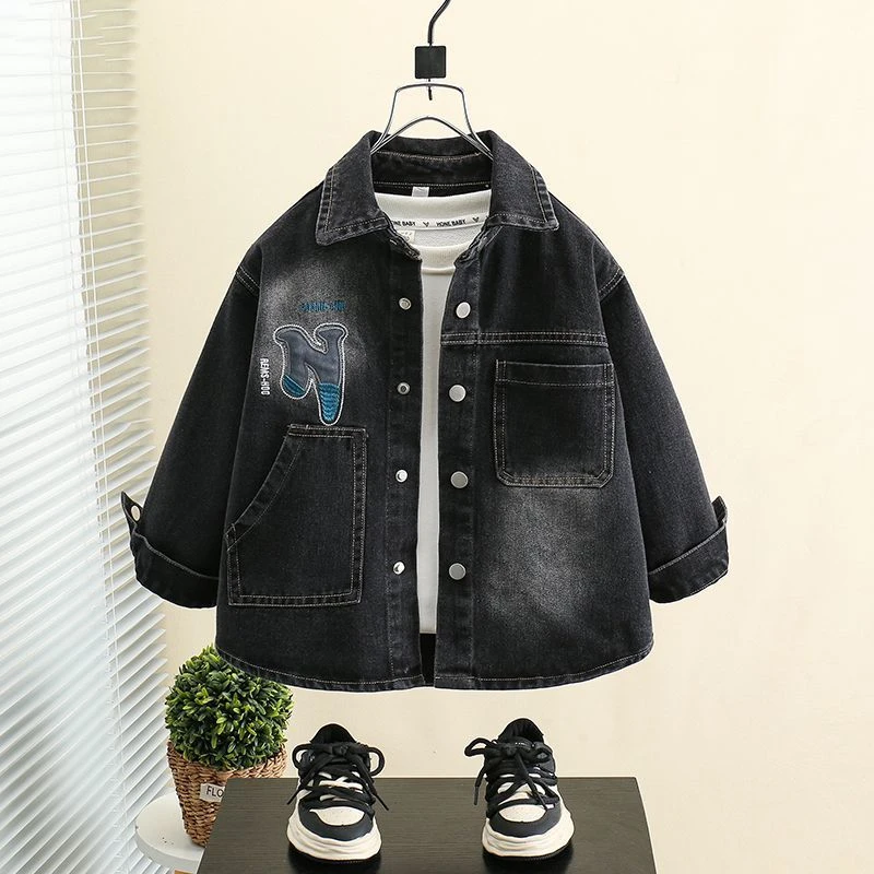 儿童秋季衬衫外穿中童男孩帅气衬衣百搭外套洋气时尚刺绣牛仔衣潮